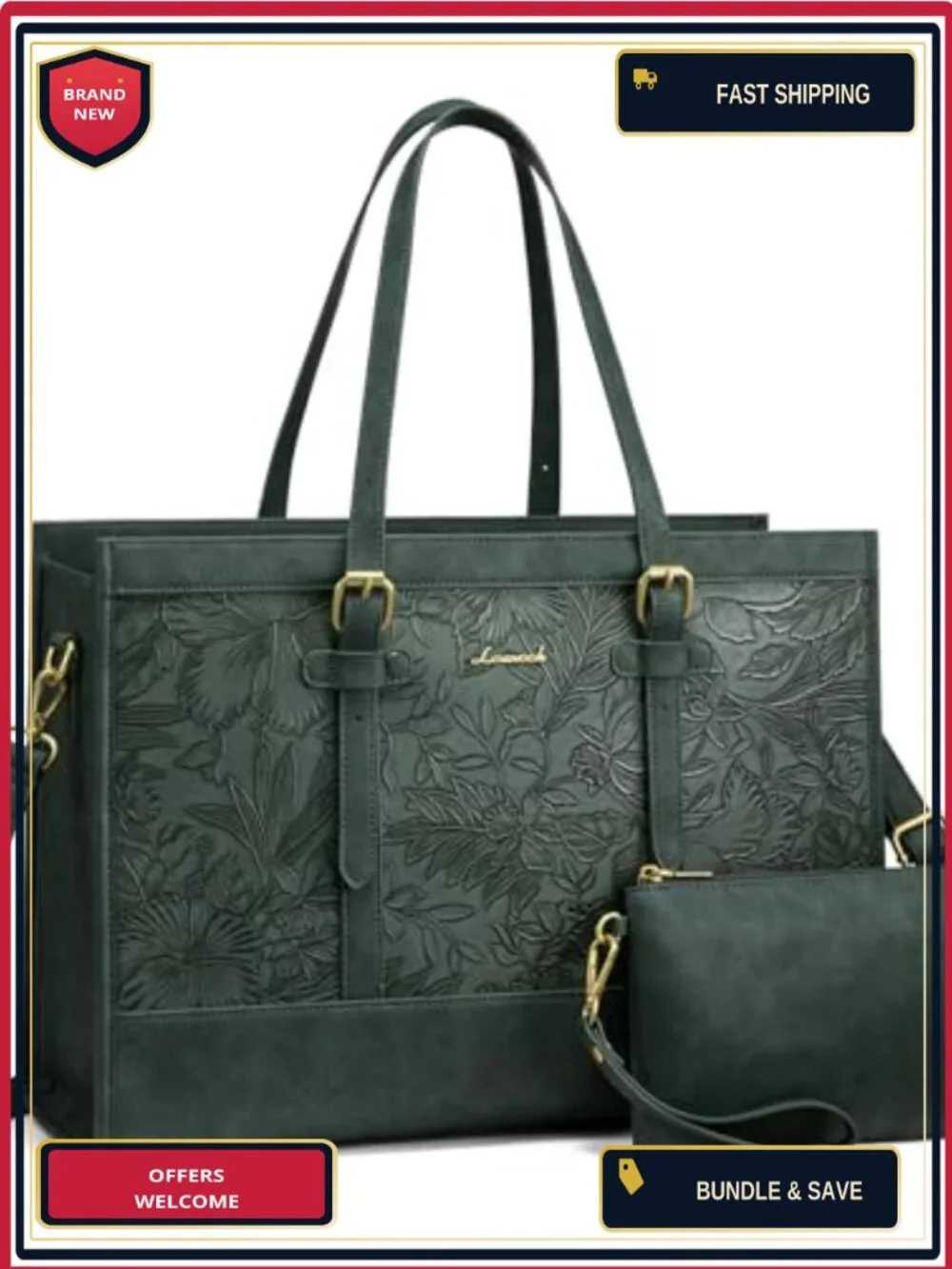 Vintage PU Leather Laptop Tote Bag for Women 15.6 Inch Work Bag